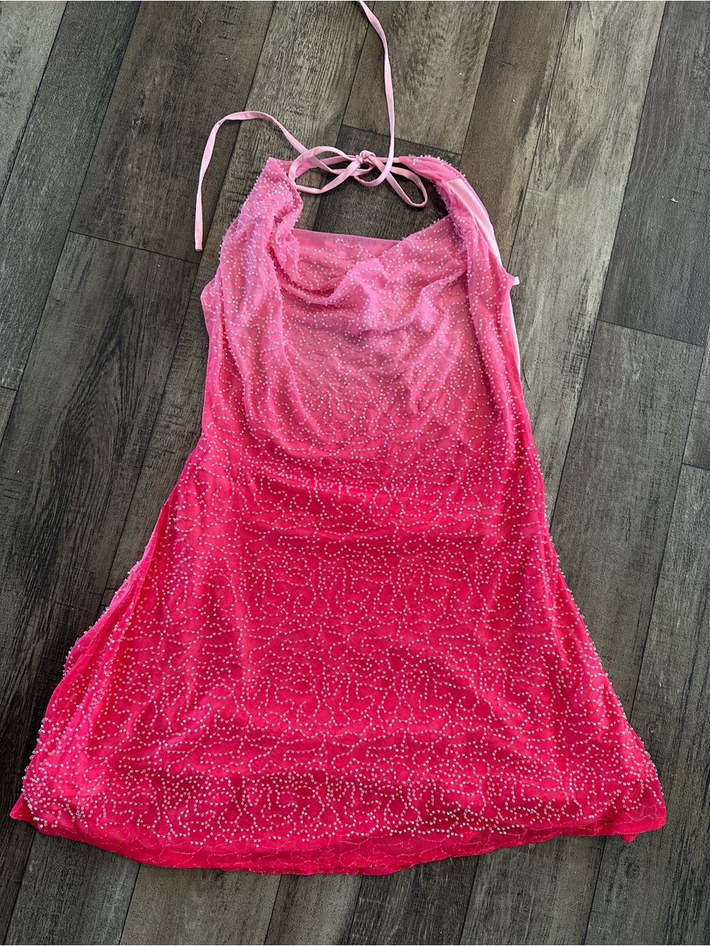 Hello Molly Pink Halter Mini Dress with Beaded Overlay